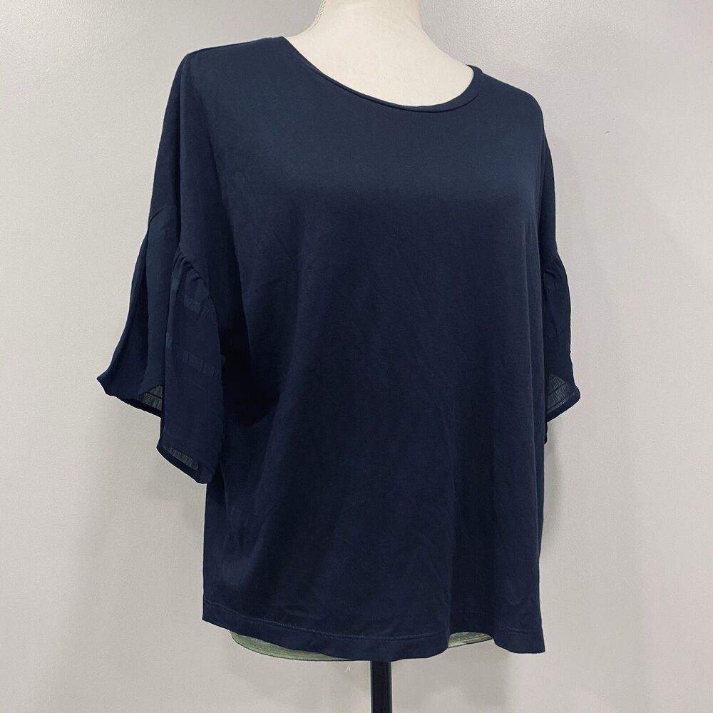BANANA REPUBLIC S Cotton Modal Knit Boxy Top Preppy Navy Sheer Ruffle Sleeve